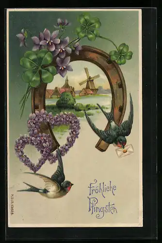 Präge-AK Fröhliche Pfingsten, Hufeisen mit Schwalben