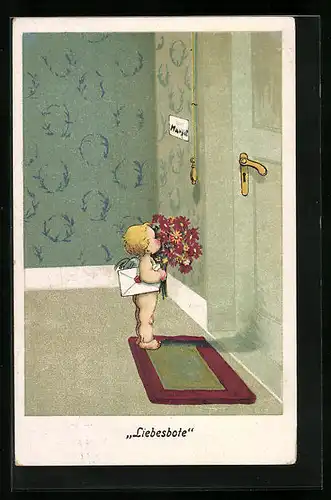 Künstler-AK Liebesbote Amor mit Blumen und Liebesbrief
