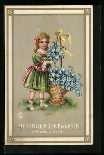 Präge-AK Glückwünsche zum Geburtstag, Mädchen mit Vergissmeinnicht