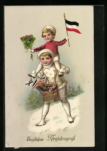 Künstler-AK Glückwünsche zum Neujahr, Kinder mit Kleeblättern