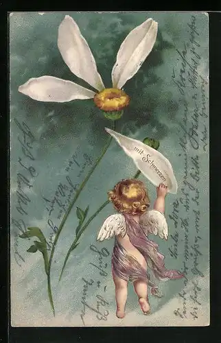 Präge-AK Engelchen mit Blütenblättern