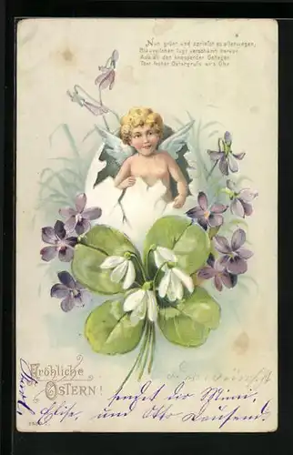 Präge-AK Engelchen im Osterei mit Kleeblatt zu Ostern