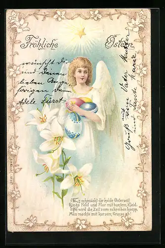 Künstler-AK Fröhliche Ostern, Osterengel mit Eiern