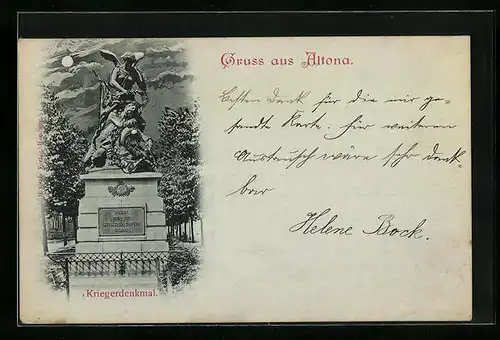 Mondschein-AK Hamburg-Altona, Ansicht des Kriegerdenkmals