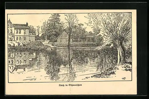 Künstler-AK Hamburg-Othmarschen, Ortsansicht mit Teich