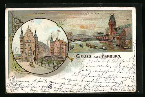 Künstler-AK Hamburg, Freihafen, Jungfernbrücke