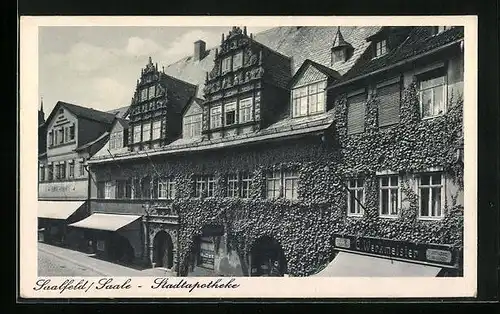 AK Saalfeld /Saale, Stadtapotheke mit begrünter Fassade