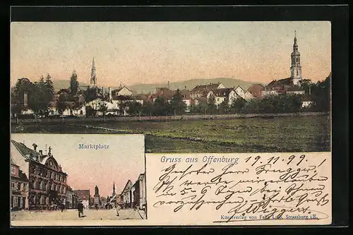 AK Offenburg, Ortspartie mit Kirche, Marktplatz