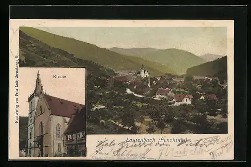 AK Lautenbach /Renchthal, Strassenpartie vor Bergpanorama, Kirche