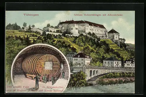 Künstler-AK Tübingen, Schloss Hohentübingen mit Alleenbrücke, Grosses Fass im Schlosskeller