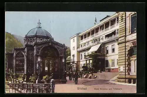 AK Wildbad, Hotel Bellevue und Trinkhalle mit Kurgästen