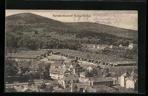 AK Baden-Baden, Barackenlazarett aus der Vogelschau