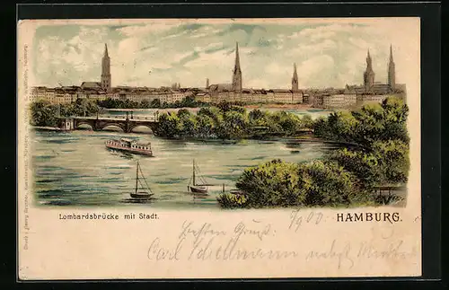 Lithographie Hamburg-Neustadt, Lombardsbrücke mit Stadt