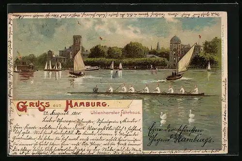 Lithographie Hamburg, Mannschaftsruderboot vor Uhlenhorster Fährhaus