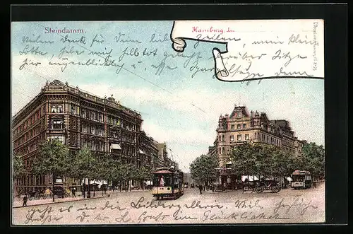 Lithographie Hamburg-St.Georg, Steindamm mit Strassenbahnen
