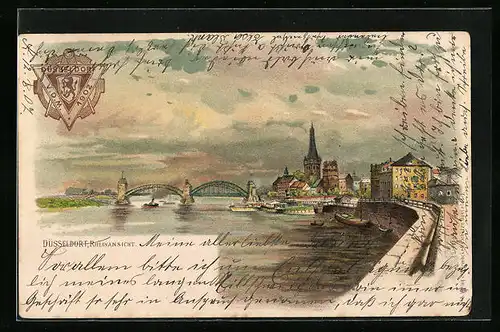 Lithographie Düsseldorf, Teilansicht mit Rheinbrücke