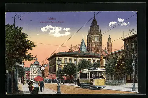 AK Mainz, Gutenbergplatz und Dom mit Strassenbahn