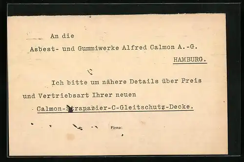 AK Hamburg-Barmbek, Korrespondenzkarte der Asbest- und Gummiwerke Alfred Calmon AG