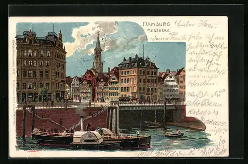 Lithographie Hamburg, Messberg mit Brücke und Dampfer
