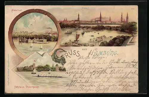 Lithographie Hamburg, Blick auf Alsterlust, Fährhaus Uhlenhorst