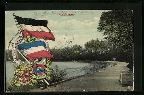 AK Neustadt i. Holst., Jungfernstieg, Fahnen, Wappen