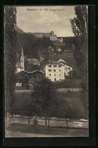 AK Sarentino presso Bolzano, Teilansicht mit Kirche und Burg