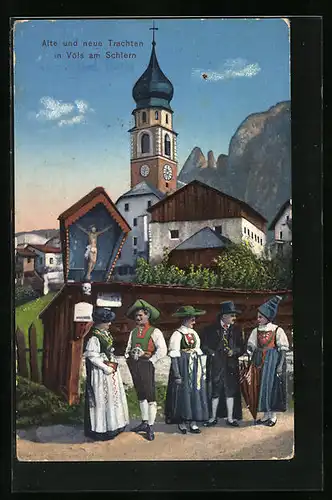 AK Völs am Schlern, Alte und neue Trachten, vor der Kirche