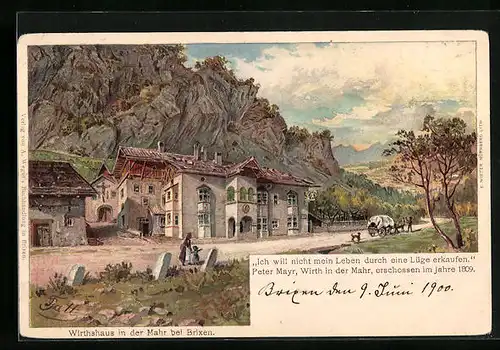 AK Brixen, Wirtshaus in der Mahr mit Planwagen