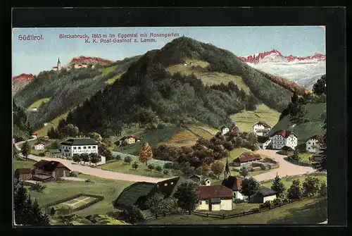 AK Birchabruck, Ortsansicht mit Rosengarten und K.K. Post-Gasthof z. Lamm