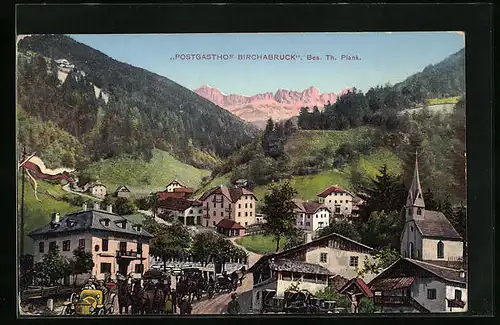 AK Birchabruck, Postgasthof Birchabruck, Bes.: Th. Plank mit Ortsansicht und Bergpanorama