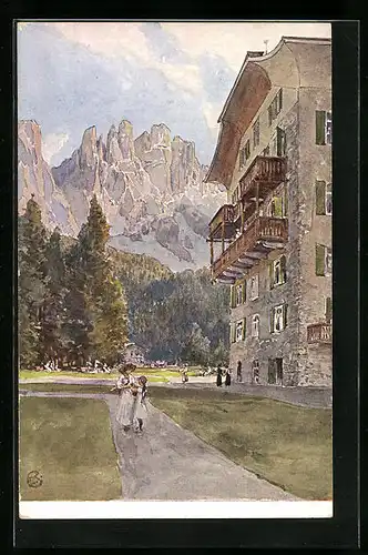 Künstler-AK Karersee, Das Karerseehotel, Ostfassade mit Latemartürmen