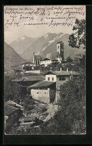 AK Schenna bei Meran, Ortspartie mit Kirche