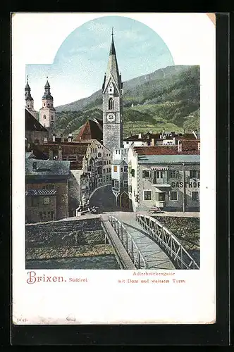 AK Brixen, Adlerbrückengasse mit Dom und weissem Turm