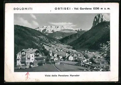 AK Ortisei /Val Gardena, Vista dalla Pensione Moroder, Dolomiti