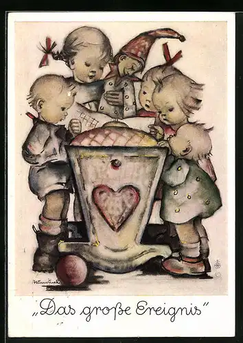 Künstler-AK Hummel: Kinder umstehen die Wiege eines Neugeborenen