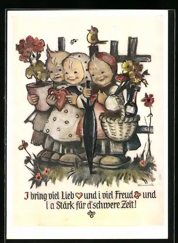 Künstler-AK Hummel: Kleine Gratulantinnen mit Geschenken