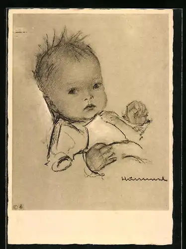 Künstler-AK Hummel: Säugling im Bett