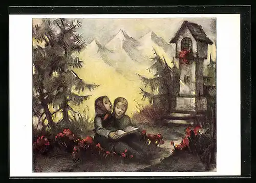 Künstler-AK Hummel: Mädchen singen Sonntags am Bildstock