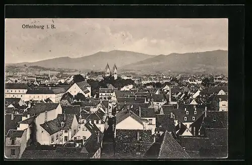 AK Offenburg i. B., Ortsansicht mit Doppelturmkirche