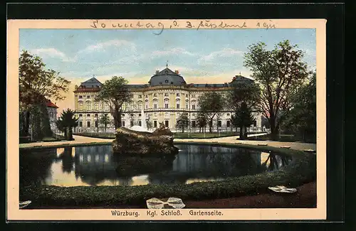 AK Würzburg, Königliches Schloss mit Teich, Gartenseite