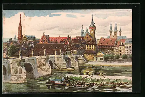 Künstler-AK Würzburg, Alte Mainbrücke, Blick vom Mainviertel