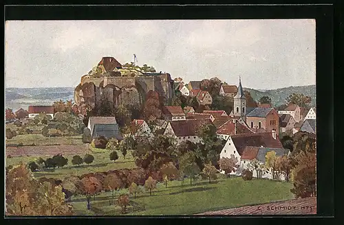 Künstler-AK Hartenstein, Kirchdorf und Burg