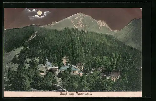 AK Birkenstein, Ortspartie mit Kirche bei Mondschein