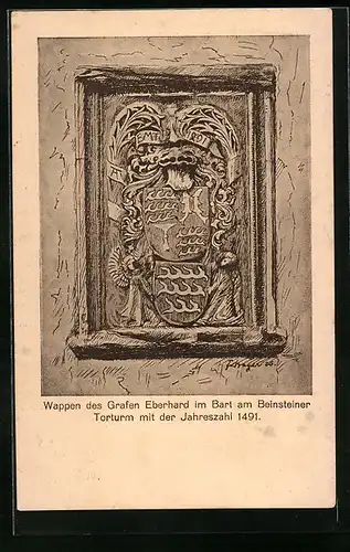 Künstler-AK Waiblingen, Wappen des Grafen Eberhard im Bart am Beinsteiner Torturm
