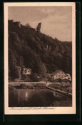 AK Stempfermühle /Fränk. Schweiz, Uferpartie mit Brücke