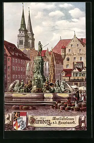 Künstler-AK Nürnberg, Hauptmarkt mit Geschäftshaus und Neptunbrunnen
