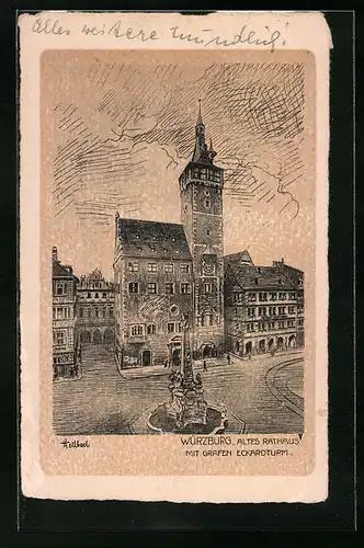Künstler-AK Würzburg, Altes Rathaus mit Grafen Eckardturm und Brunnen