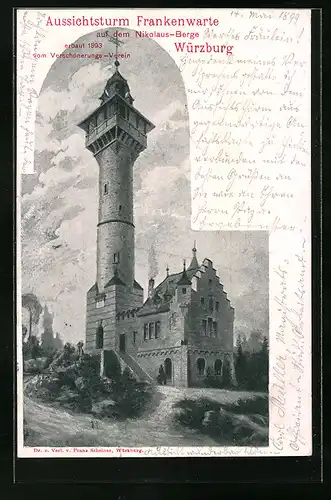 AK Würzburg, Aussichtsturm Frankenwarte auf dem Nikolaus-Berge erbaut 1893 vom Verschönerungs-Verein