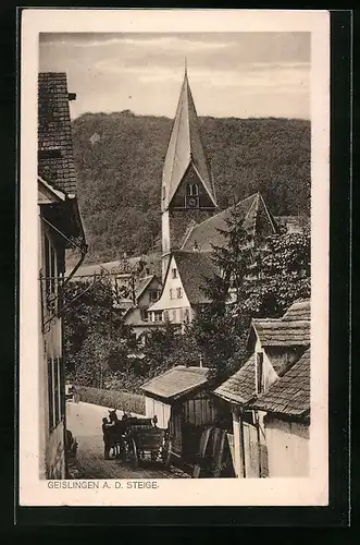 AK Geislingen a. d. Steige, Strassenpartie mit Kirche und Pferdewagen