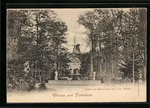 AK Potsdam, Park von Sanssouci mit historischer Mühle